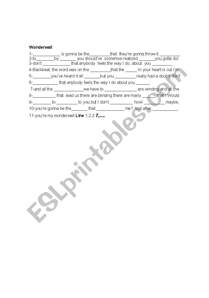 song wonderwall  worksheet