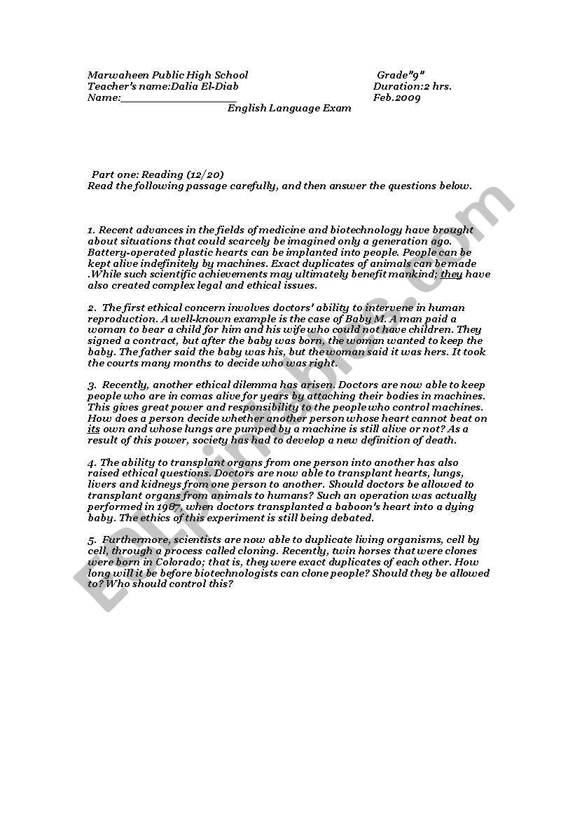 english exam worksheet