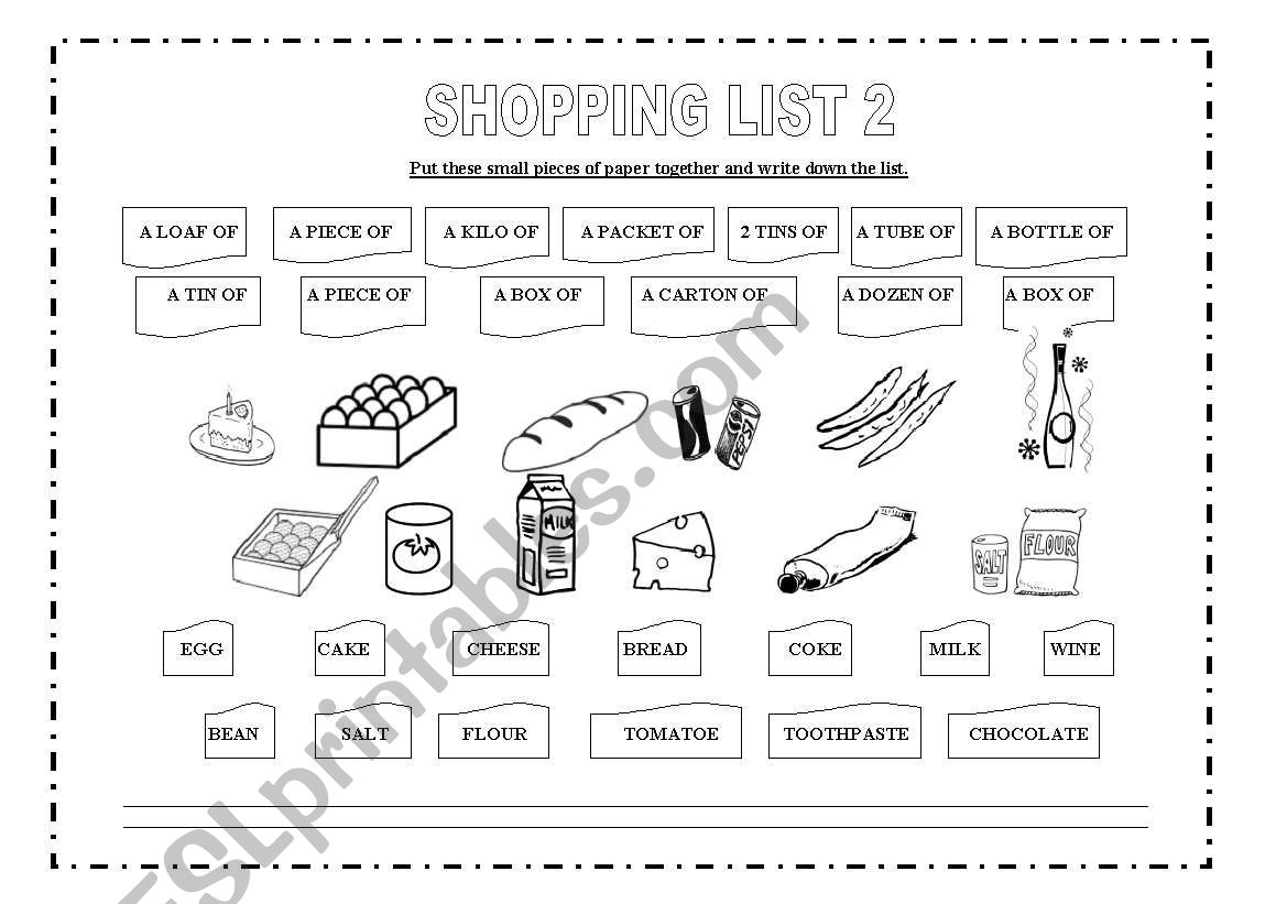Shopping list 2 worksheet