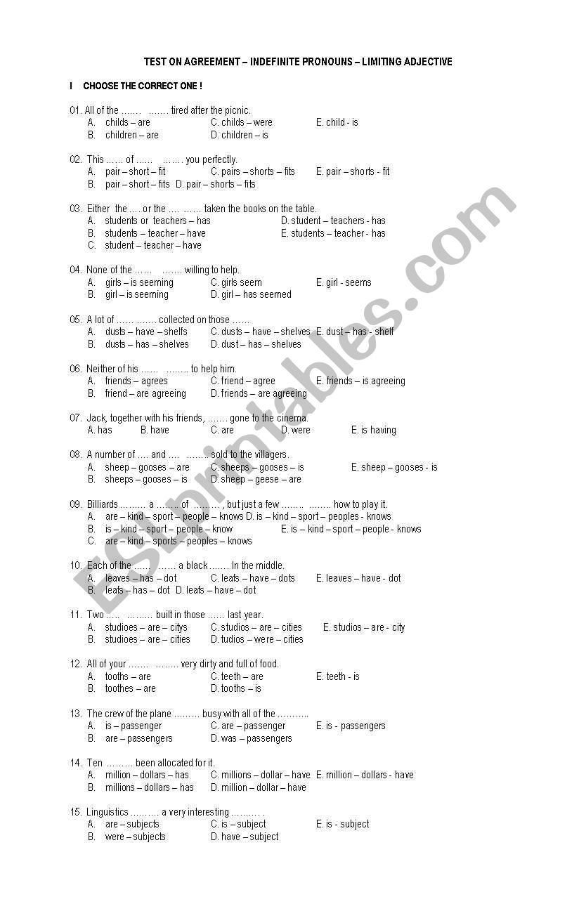  Test on Subject - Verb ( Agreement) 