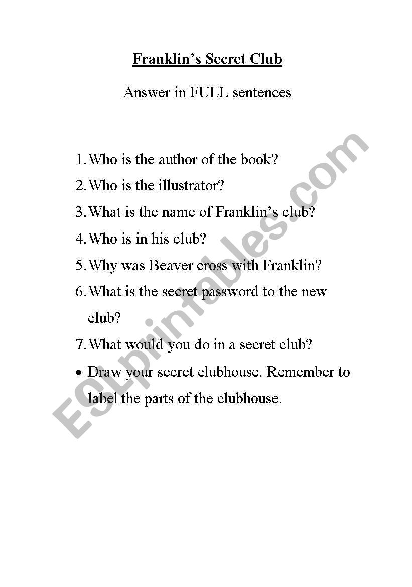 Franklins Secret Club worksheet