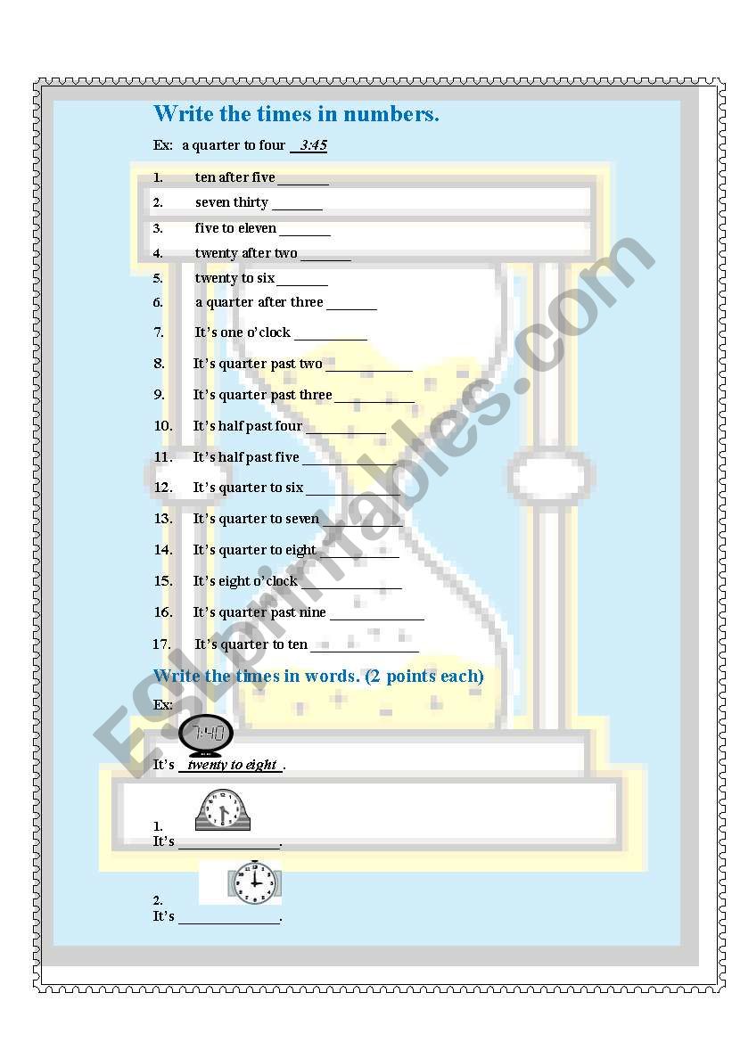 Times in numbers.   worksheet