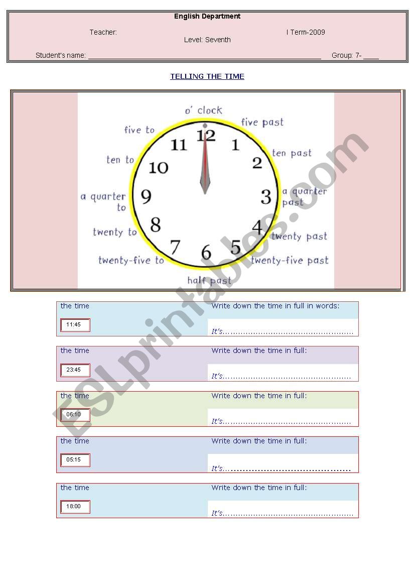 Write down the time.    worksheet