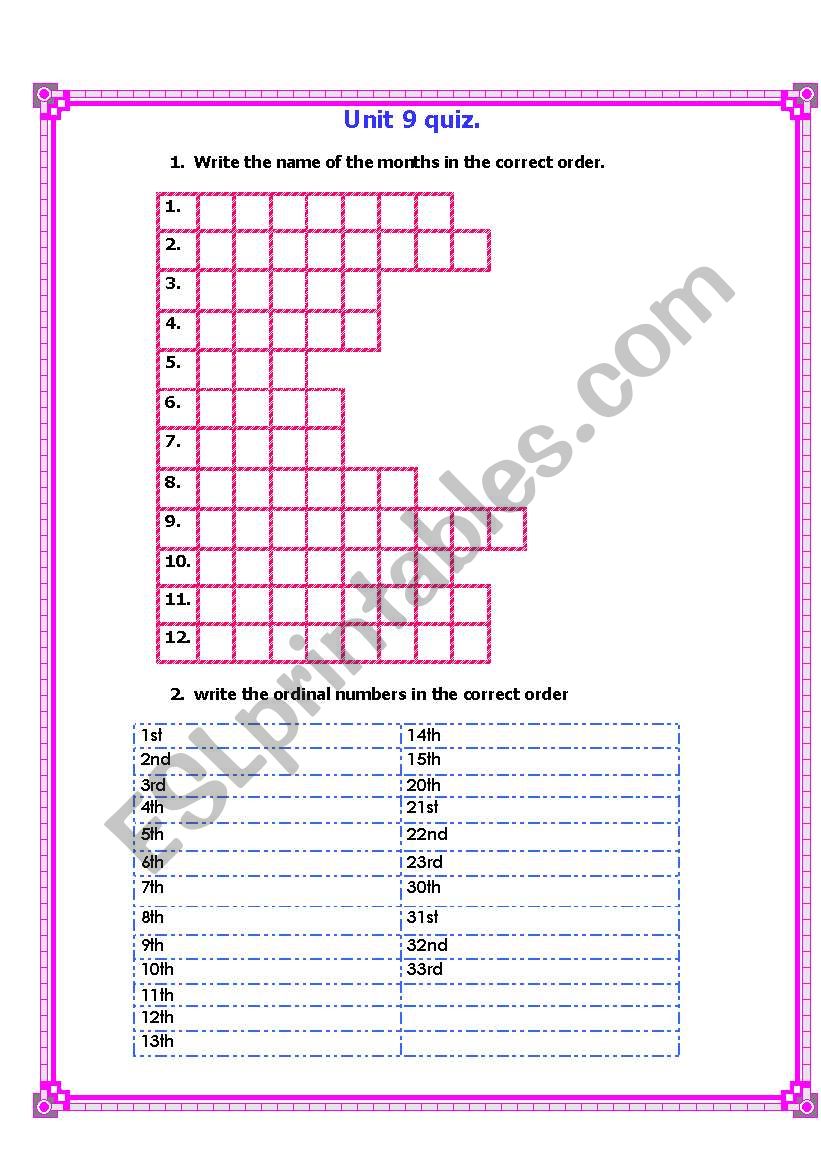 Ordinal Numbers quiz worksheet