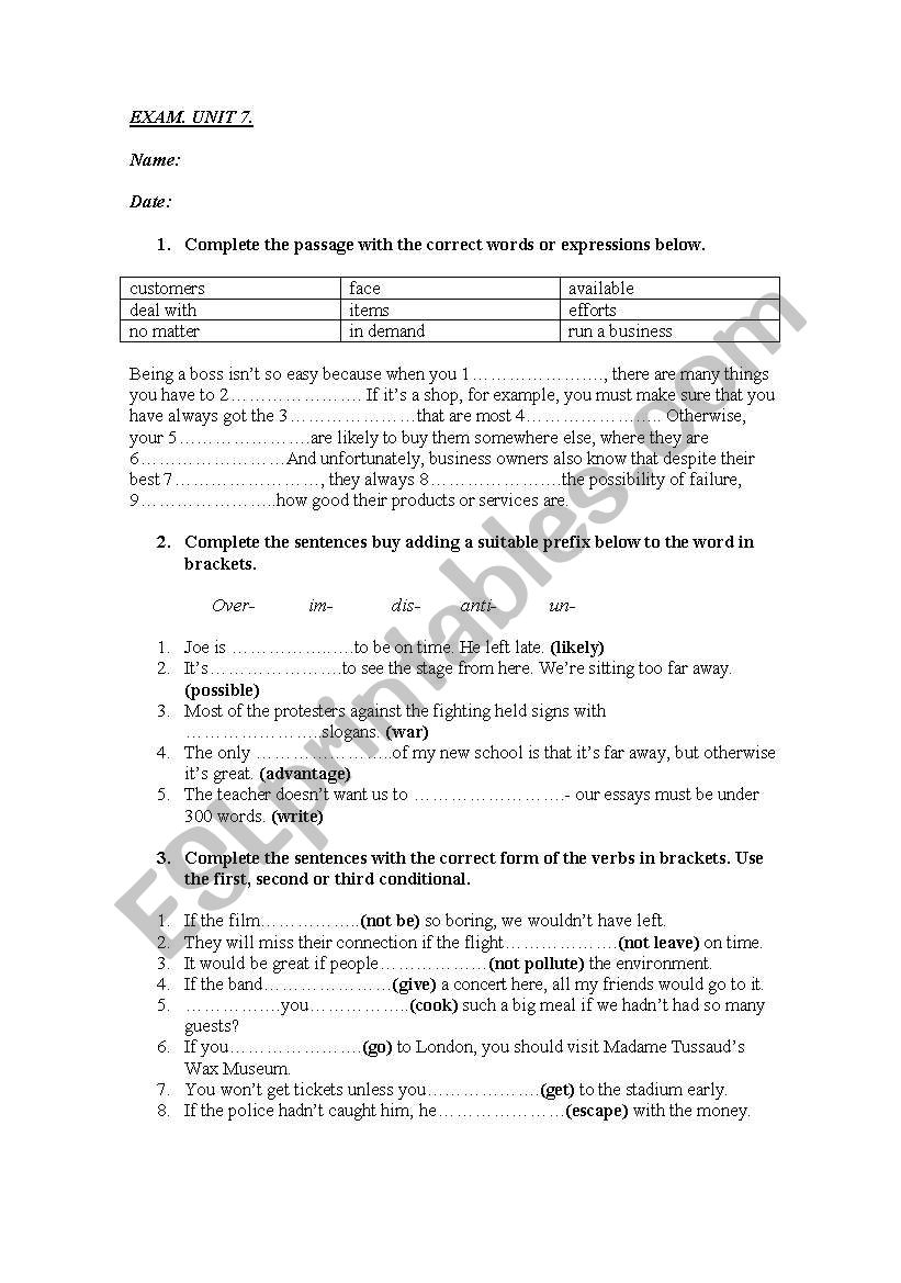 EXAM ON CONDITIONALS AND SHOPPING VOCABULARY