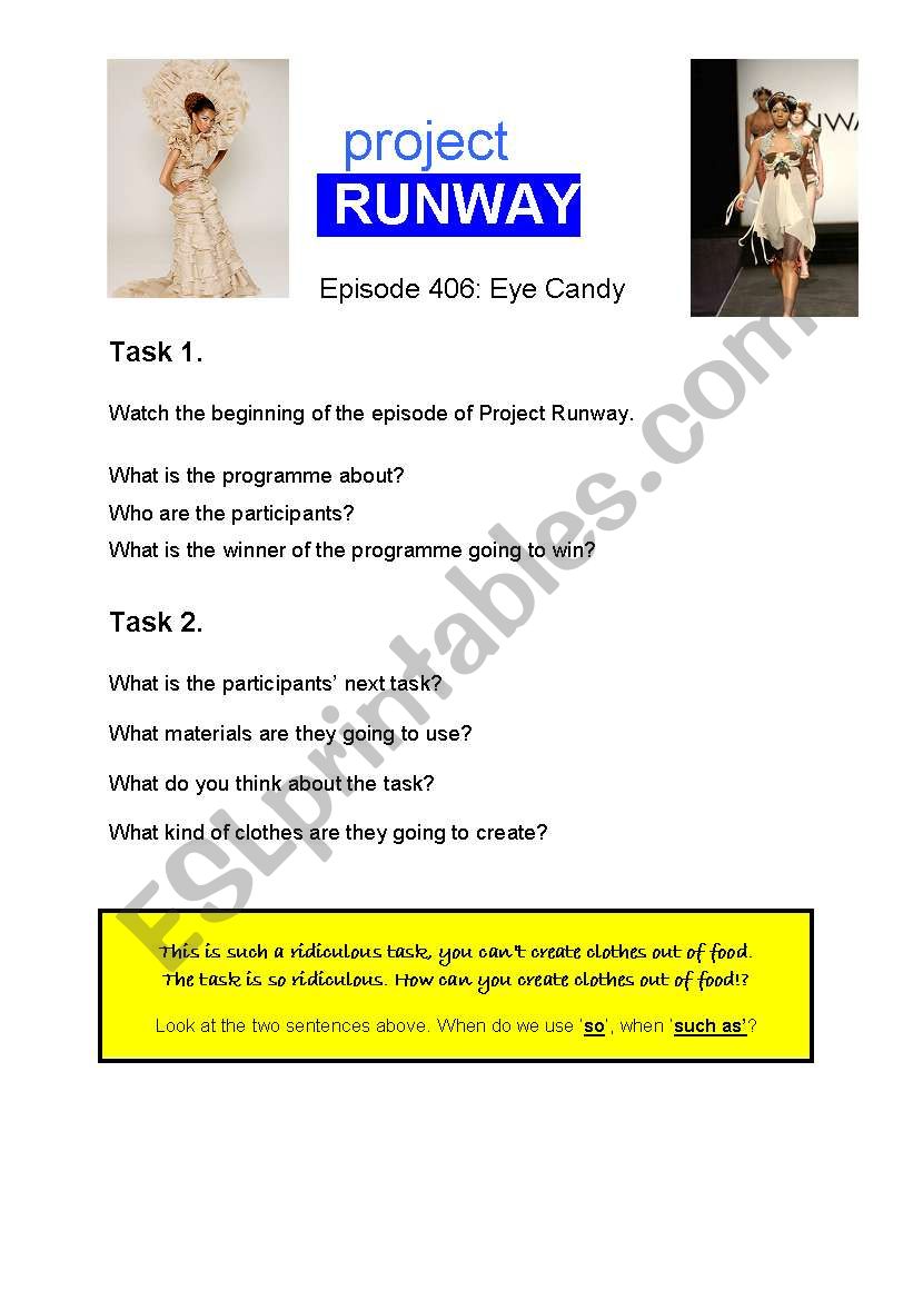 Fasion: Project Runway worksheet