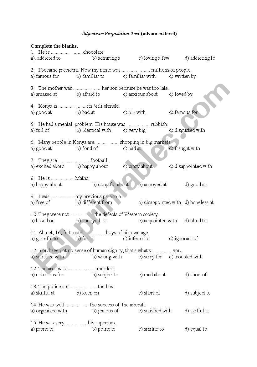 Adjective-preposition test worksheet