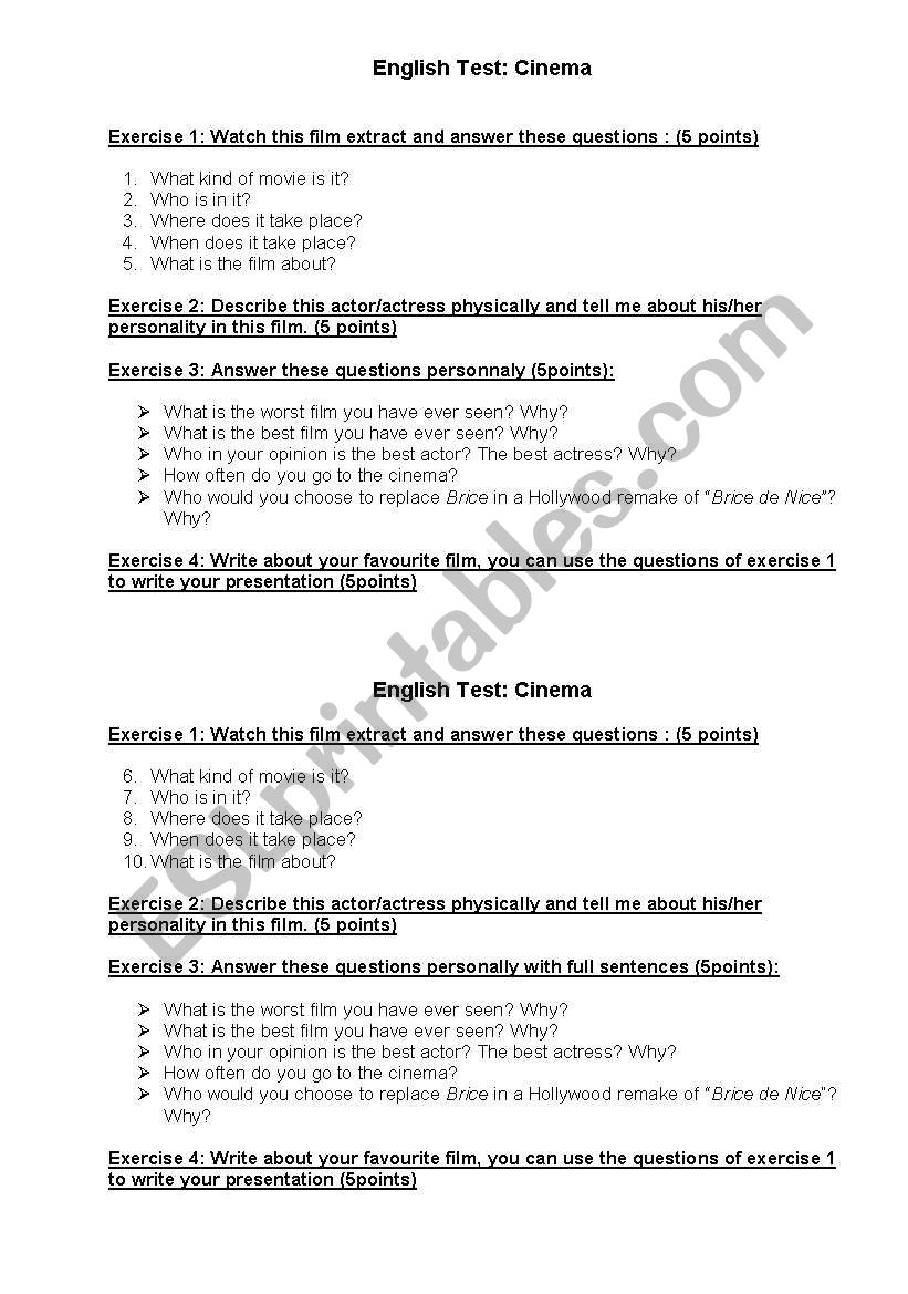 Test cinema worksheet