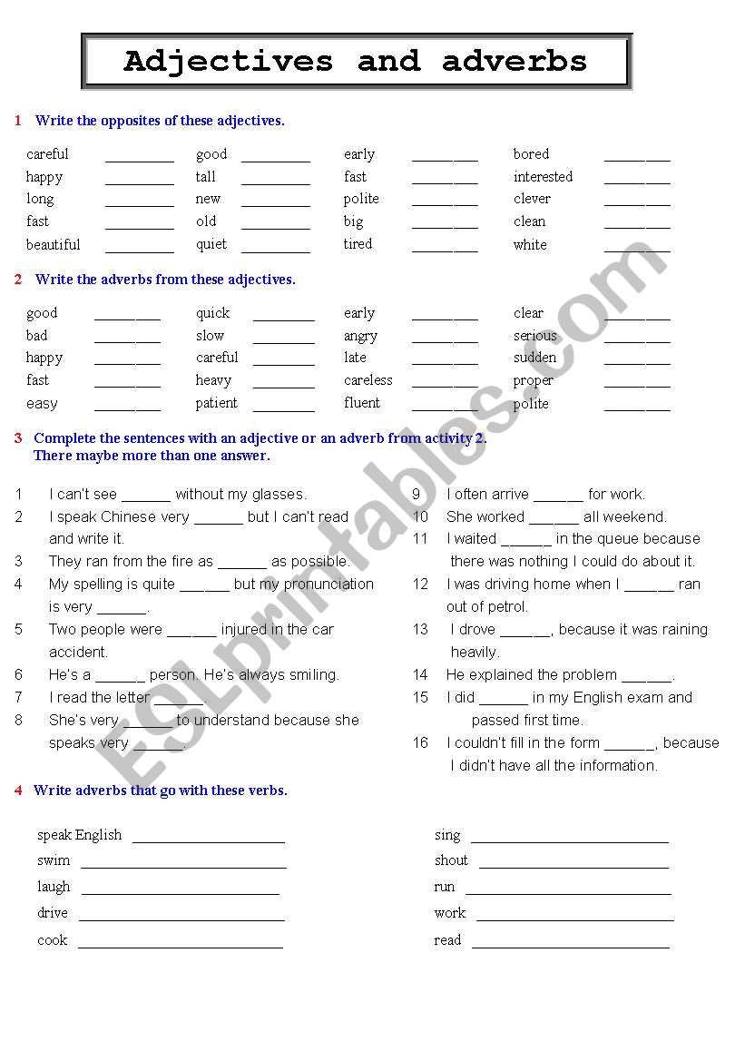 Adjectives and adverbs worksheet