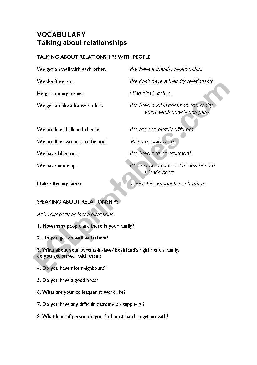 RELATIONSHIPS worksheet