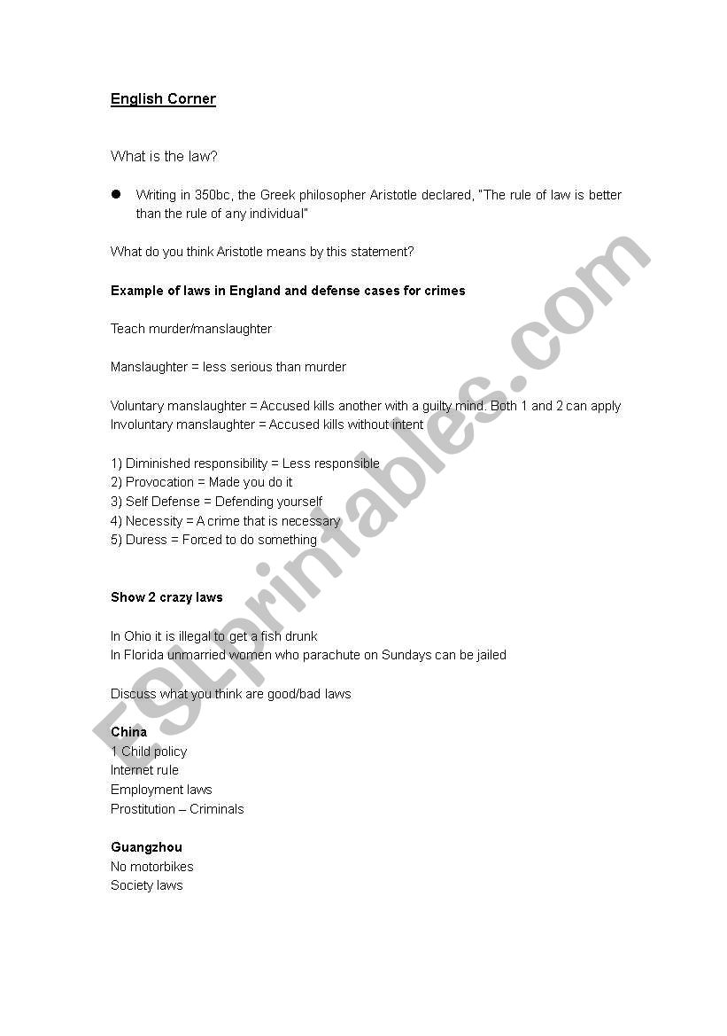 Laws - English Corner topic on existing laws and crazy laws. 