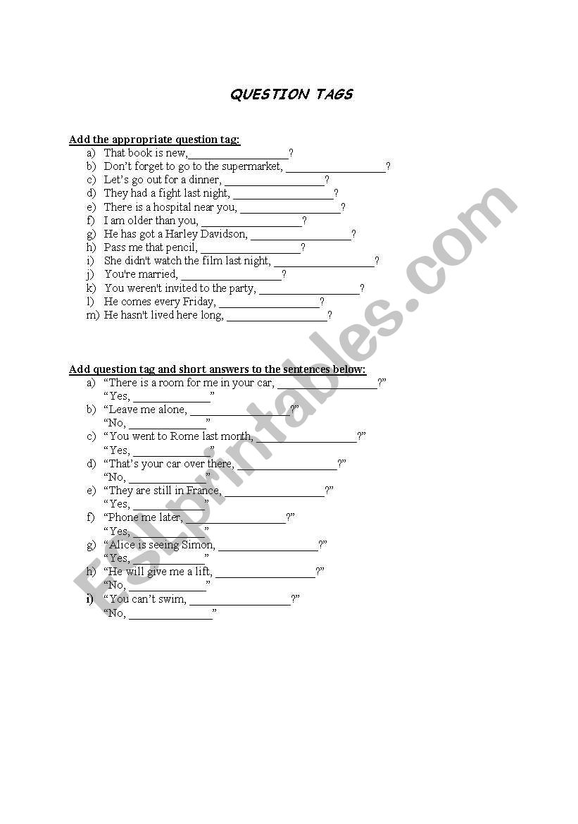 question tags worksheet