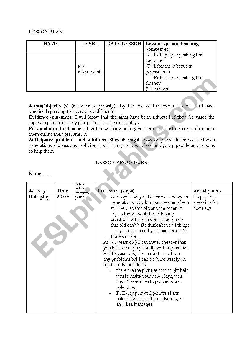 lesson plan - roleplays worksheet