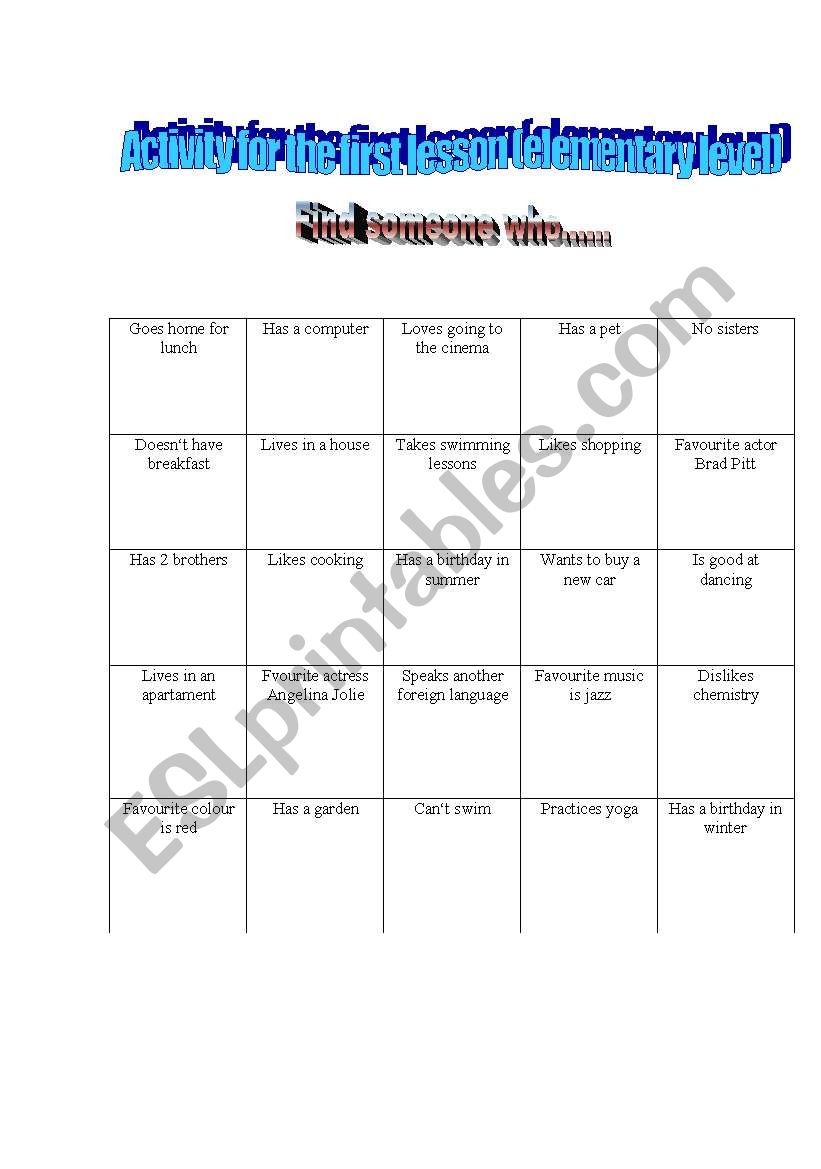 Bingo worksheet