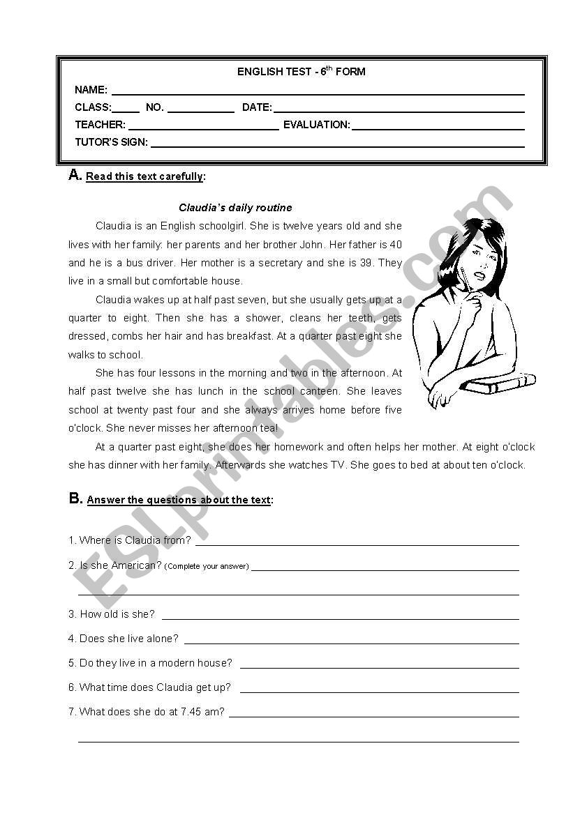 ClaudiaÂ´s routine worksheet