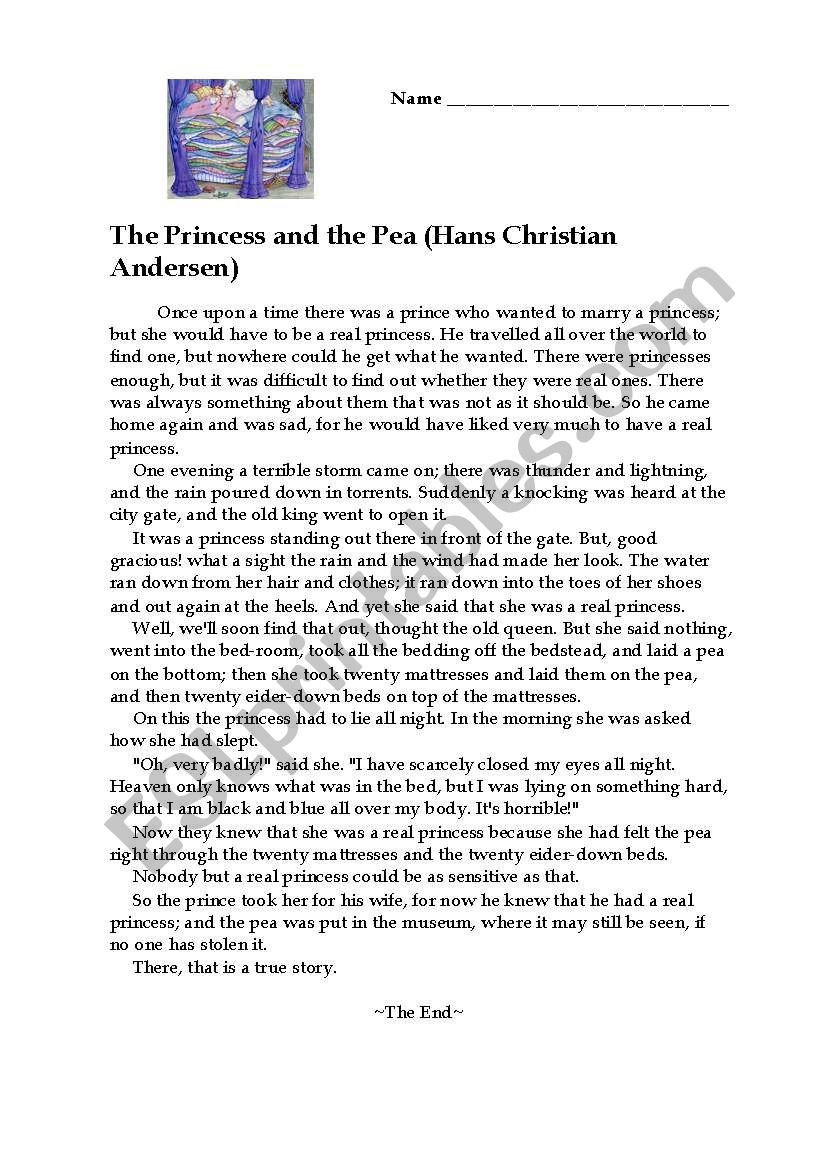 The Princess and The Pea worksheet