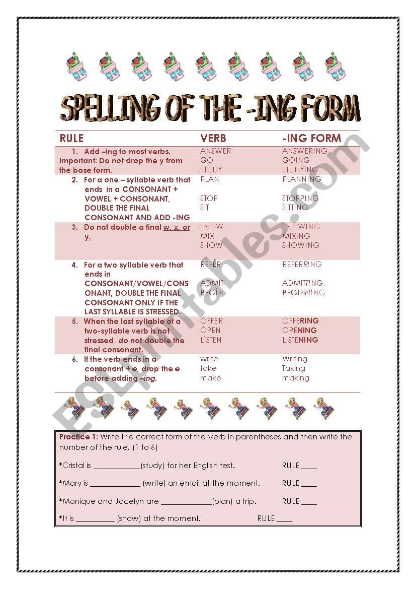 SPELLING OF THE -ING FORM worksheet