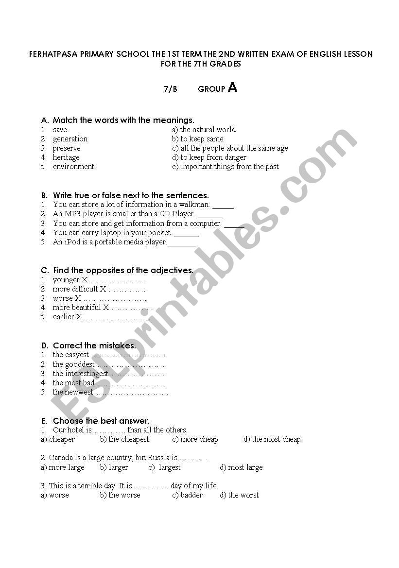 7th grades exam paper worksheet