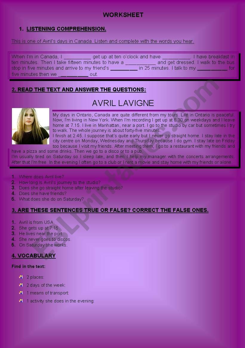 WORKSHEET - AVRIL LAVIGNE worksheet