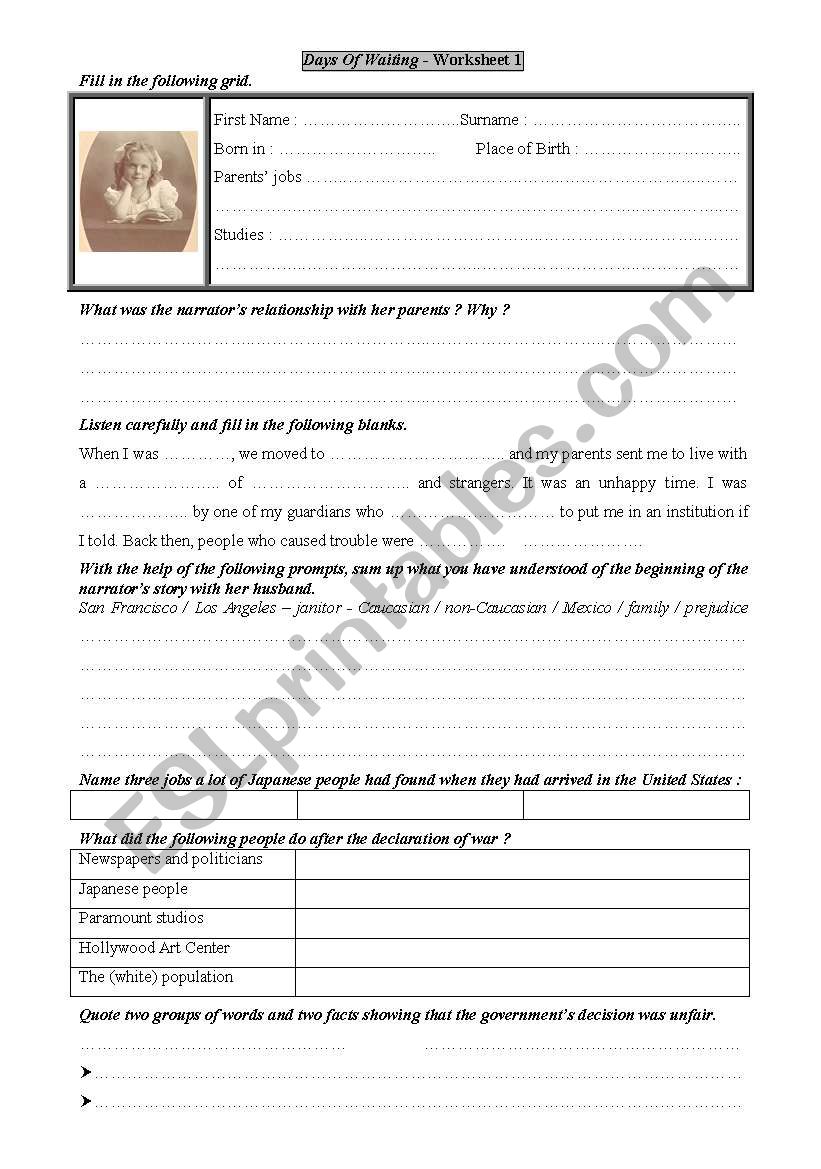 Days of Waiting (2) - Worksheet 1