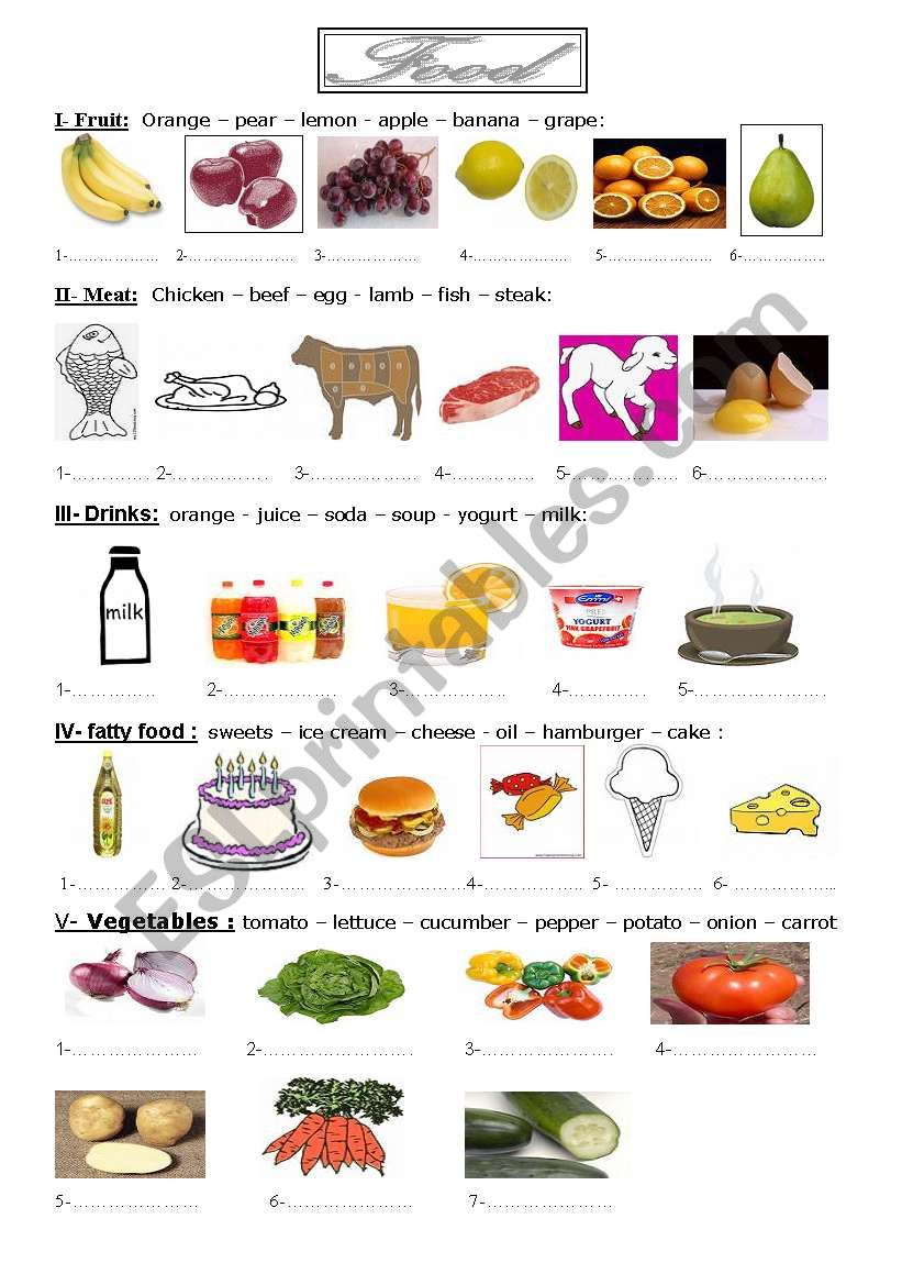 Food items worksheet