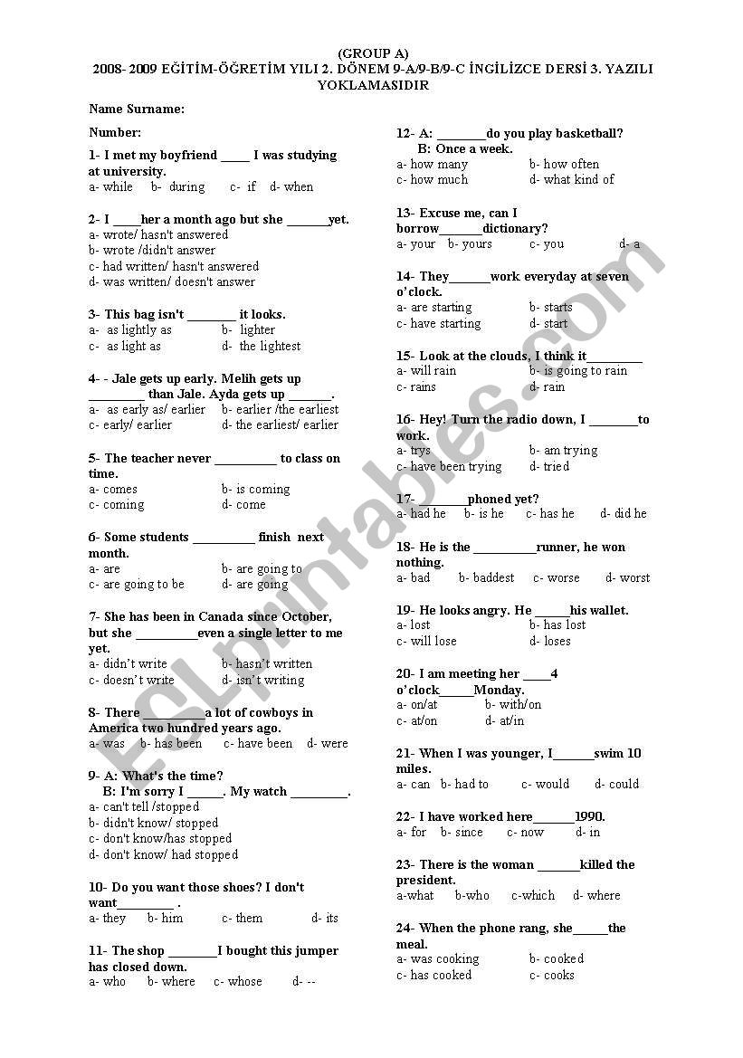 test worksheet