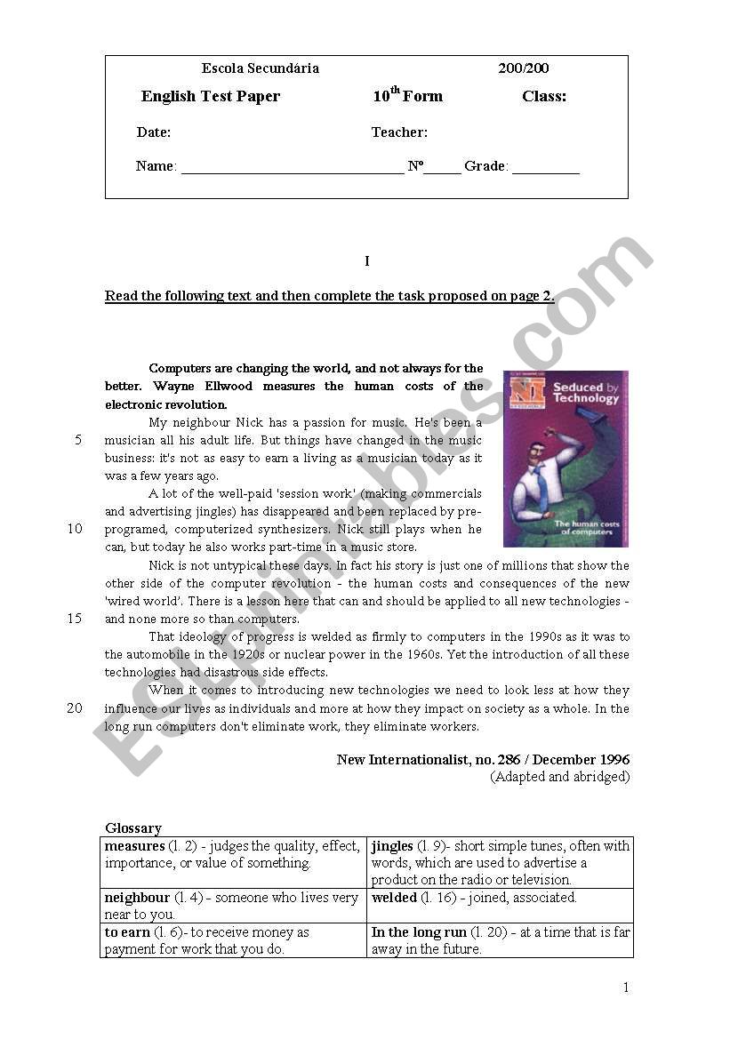 Test - Seduced by technology worksheet