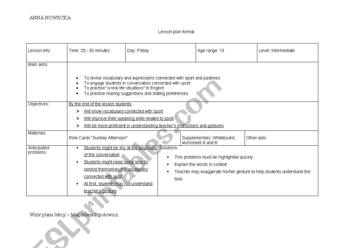 Sport worksheet