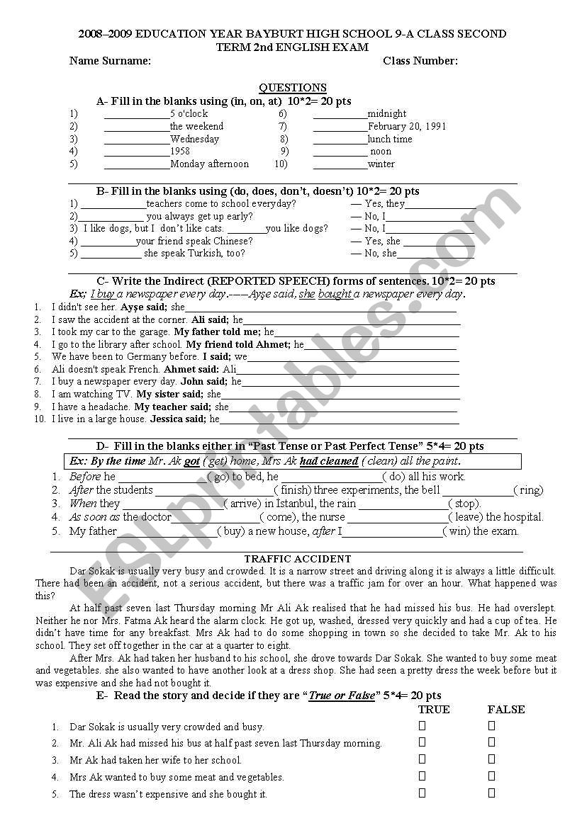 exam worksheet