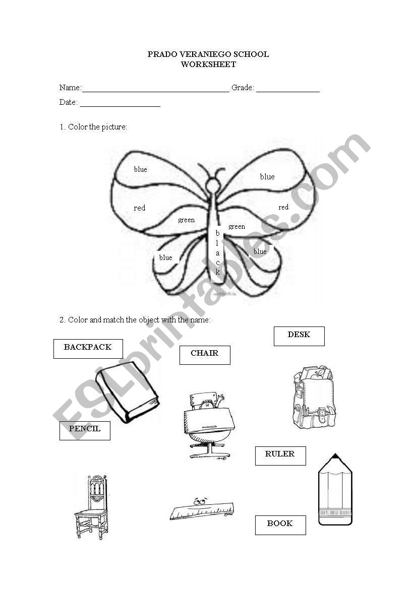 colors and clssroom objects worksheet