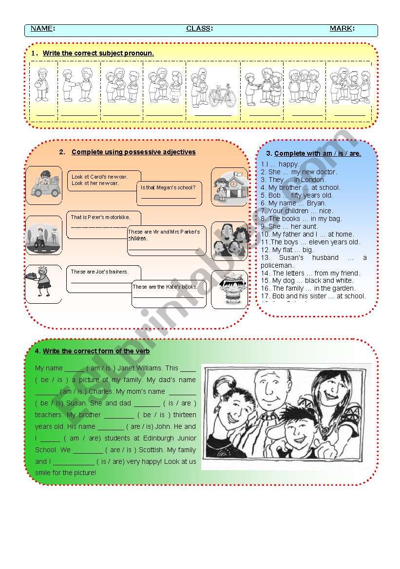 Test on Subject Pronouns, Possessive Adjective, Verb 