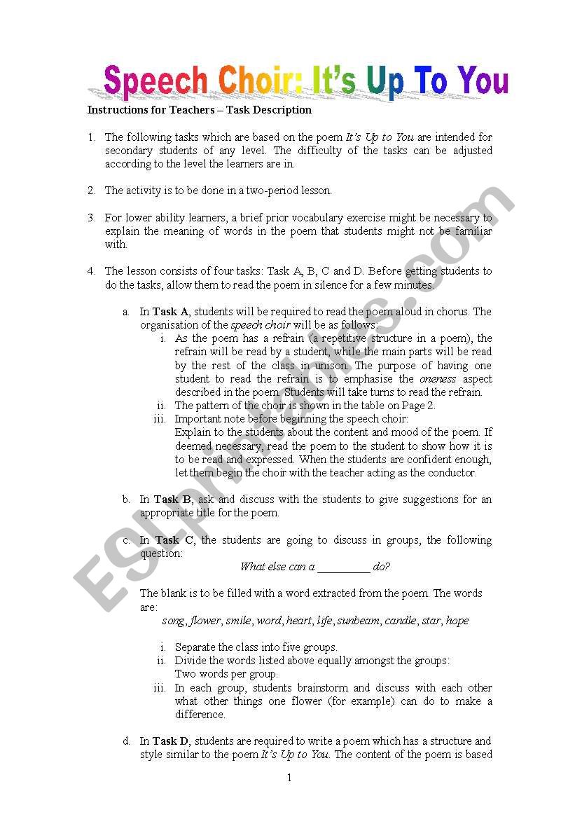 English worksheets speech choir choral reading it s up to you