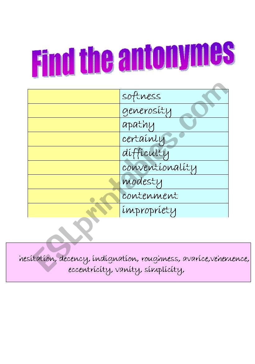 FIND THE ANTONYMES- NOUNS! + KEY