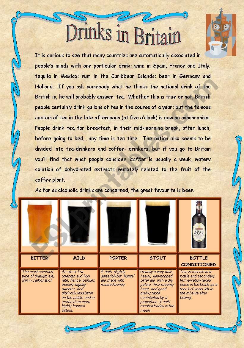 Drinks in Britain - Reading comprehension + writing activity