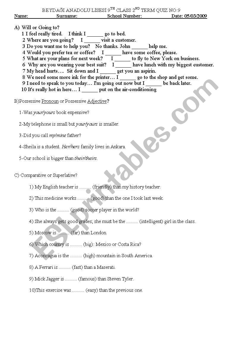 quiz on will or going to,adjective or adverb,too or enough
