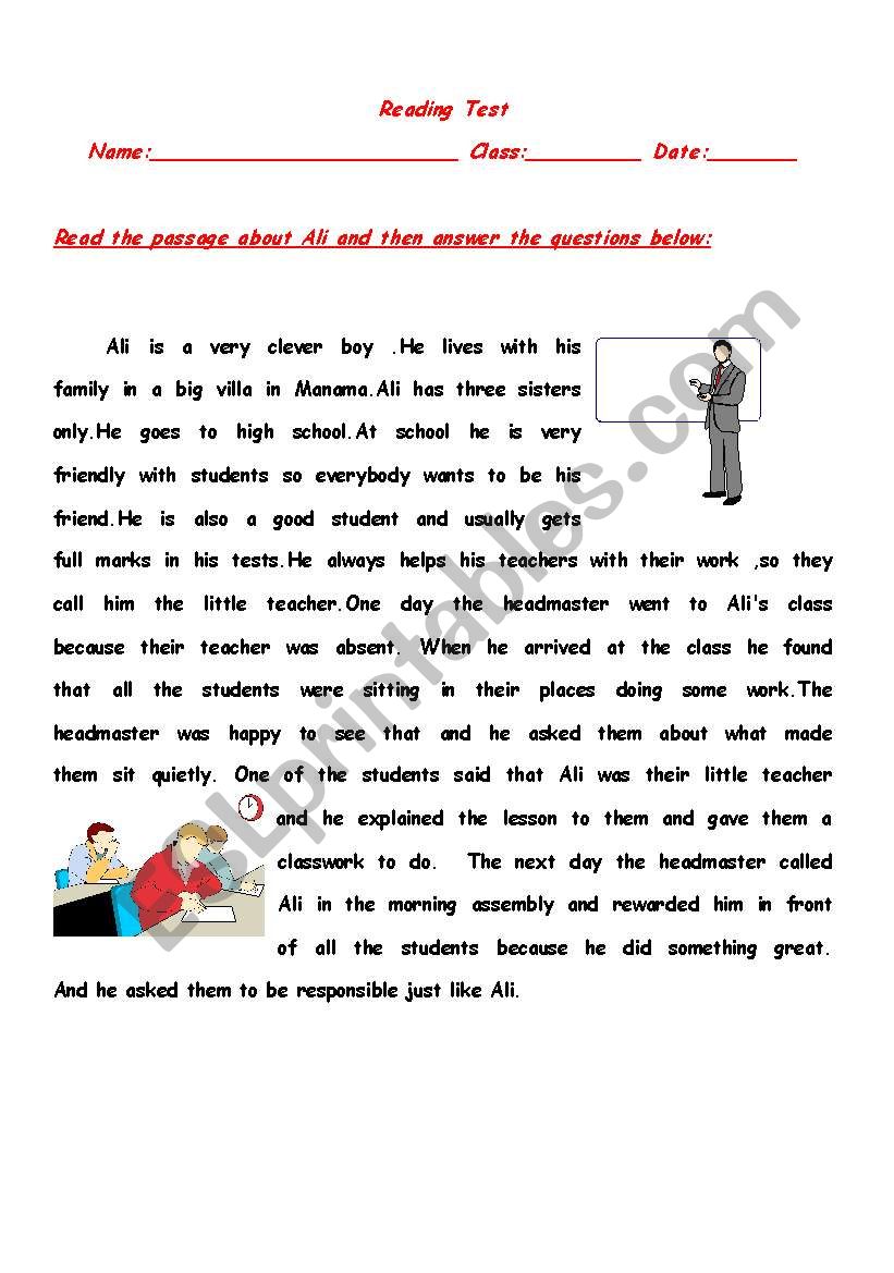 Reading test worksheet