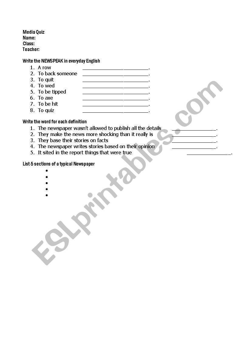 Newspeak vocabulary worksheet