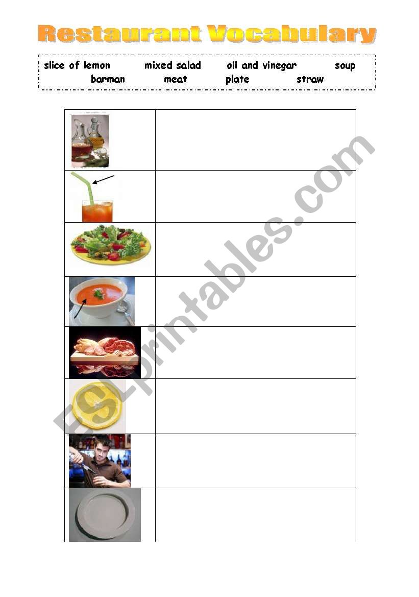 Restaurant Vocabulary worksheet