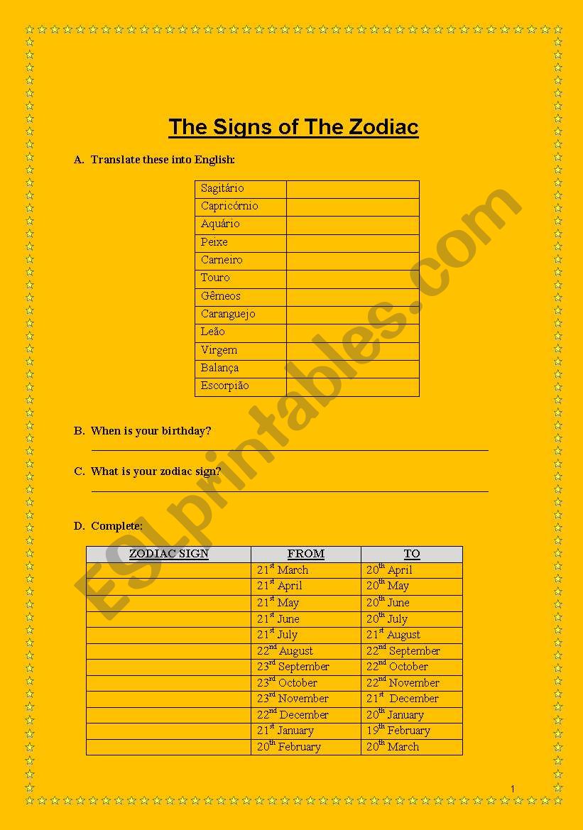 Zodiac Signs - Part 1 worksheet