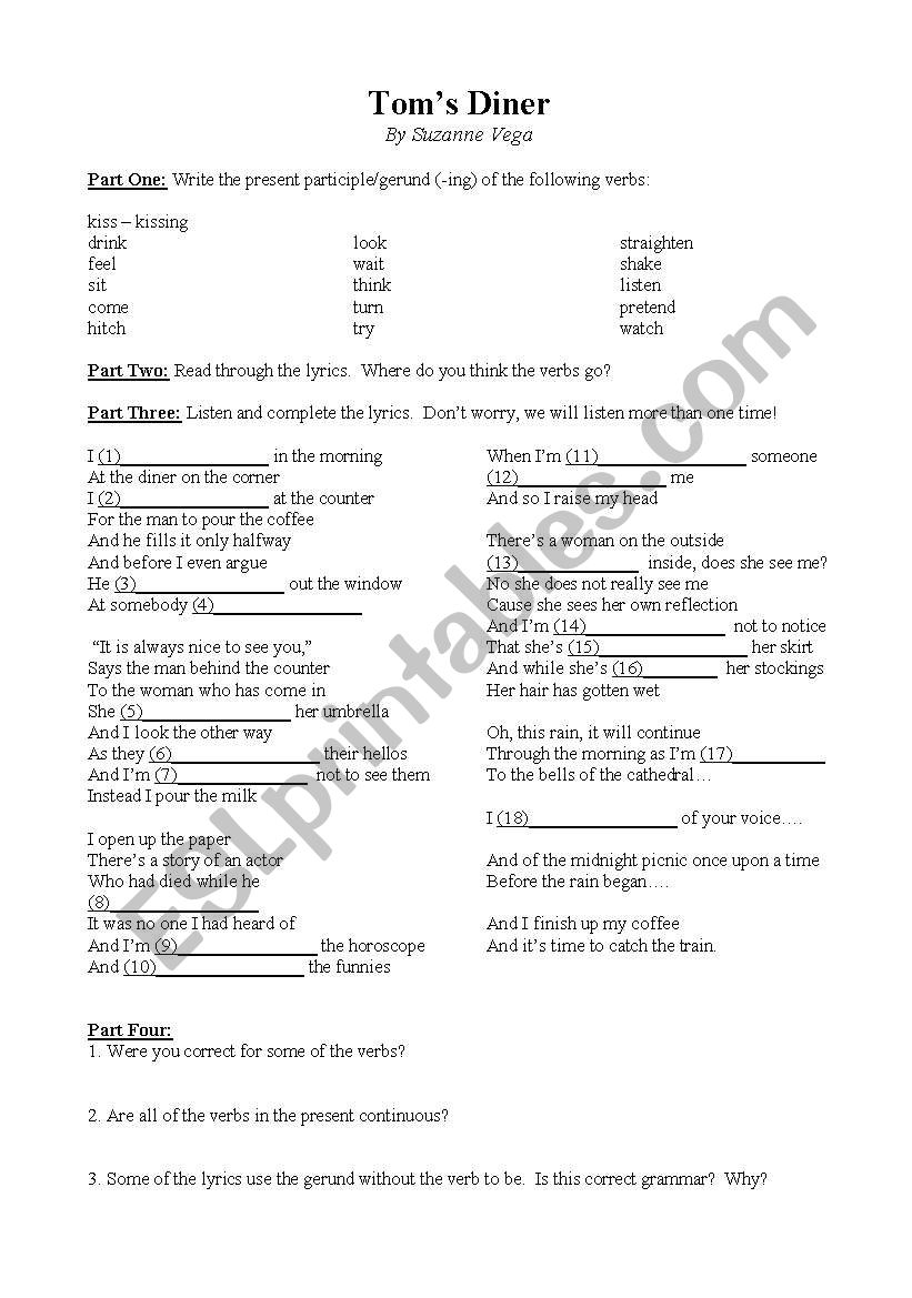 Tom´s Diner (Suzanne Vega) present continuous (progressive) ESL