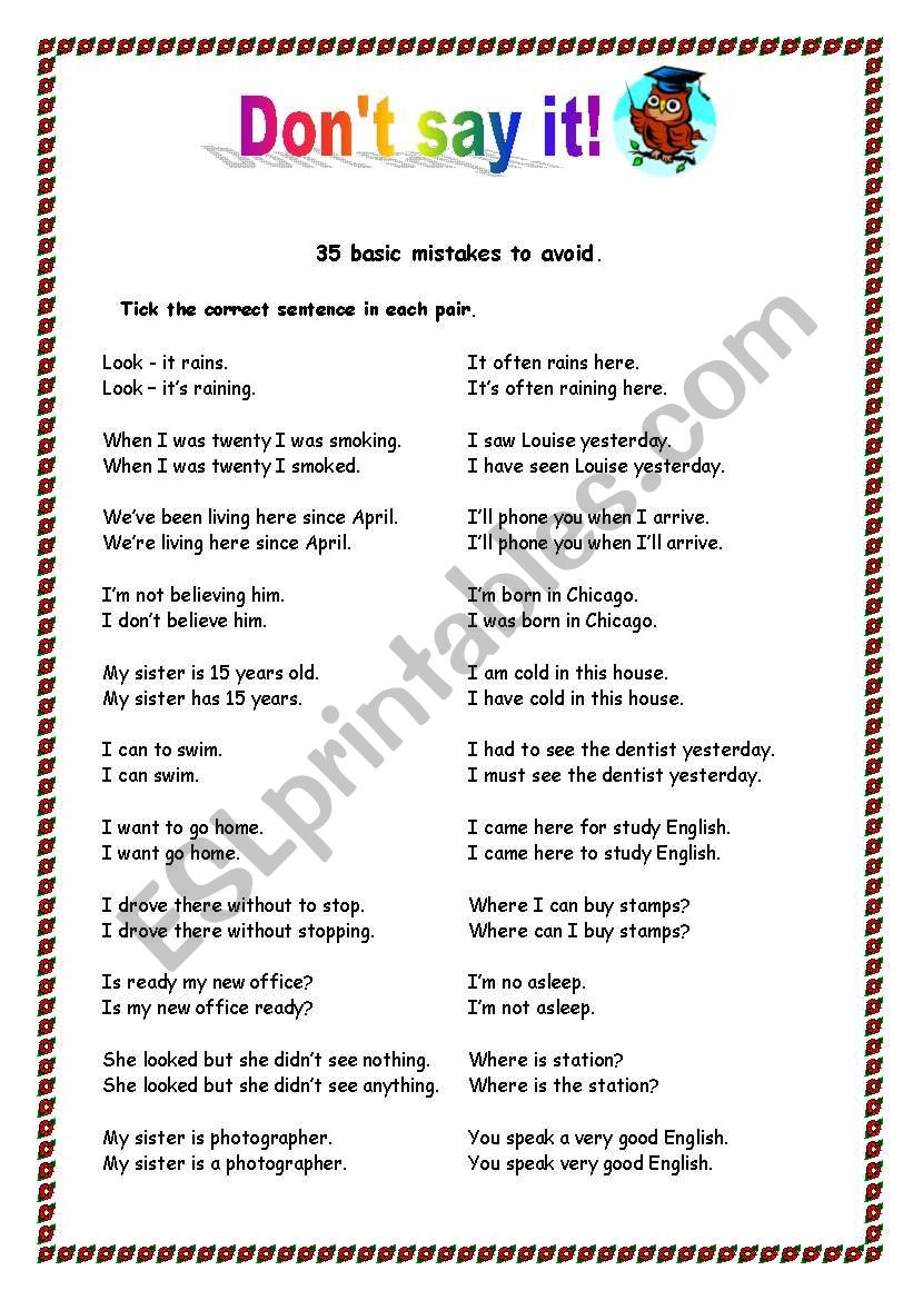 Dont say it! worksheet