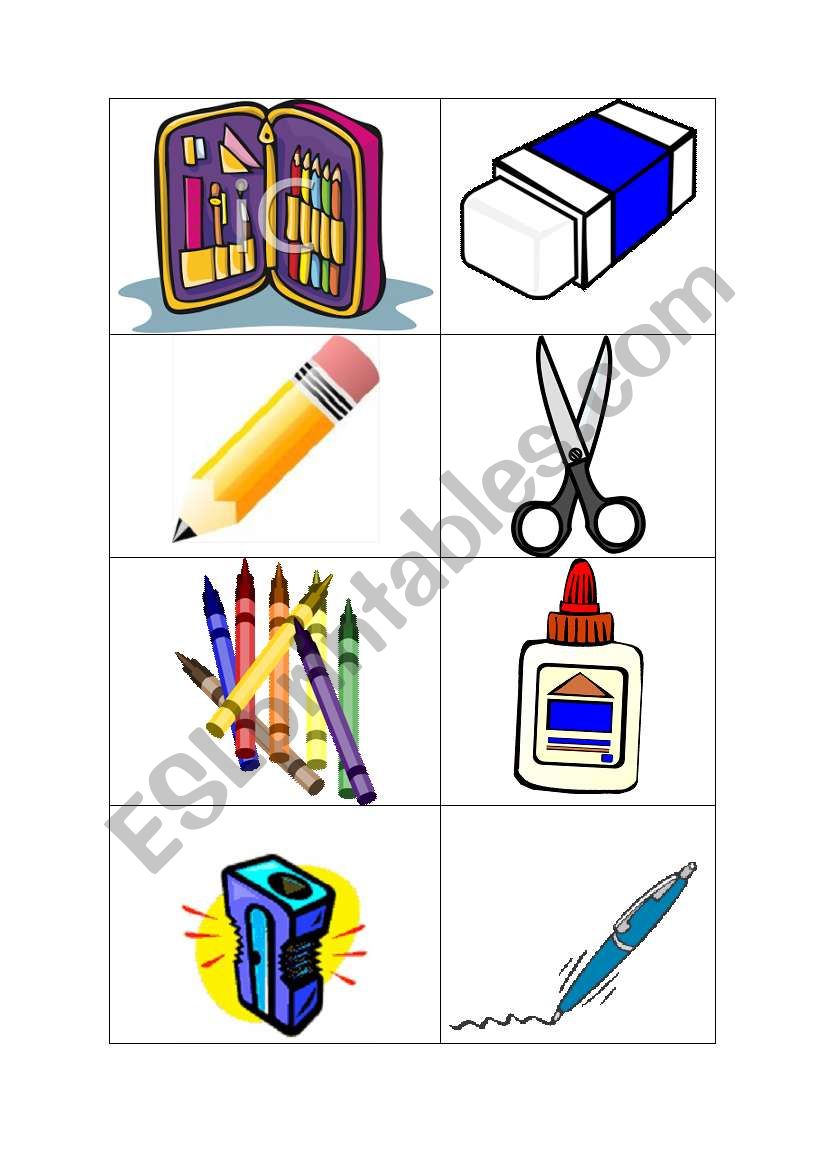 School objects memory game worksheet