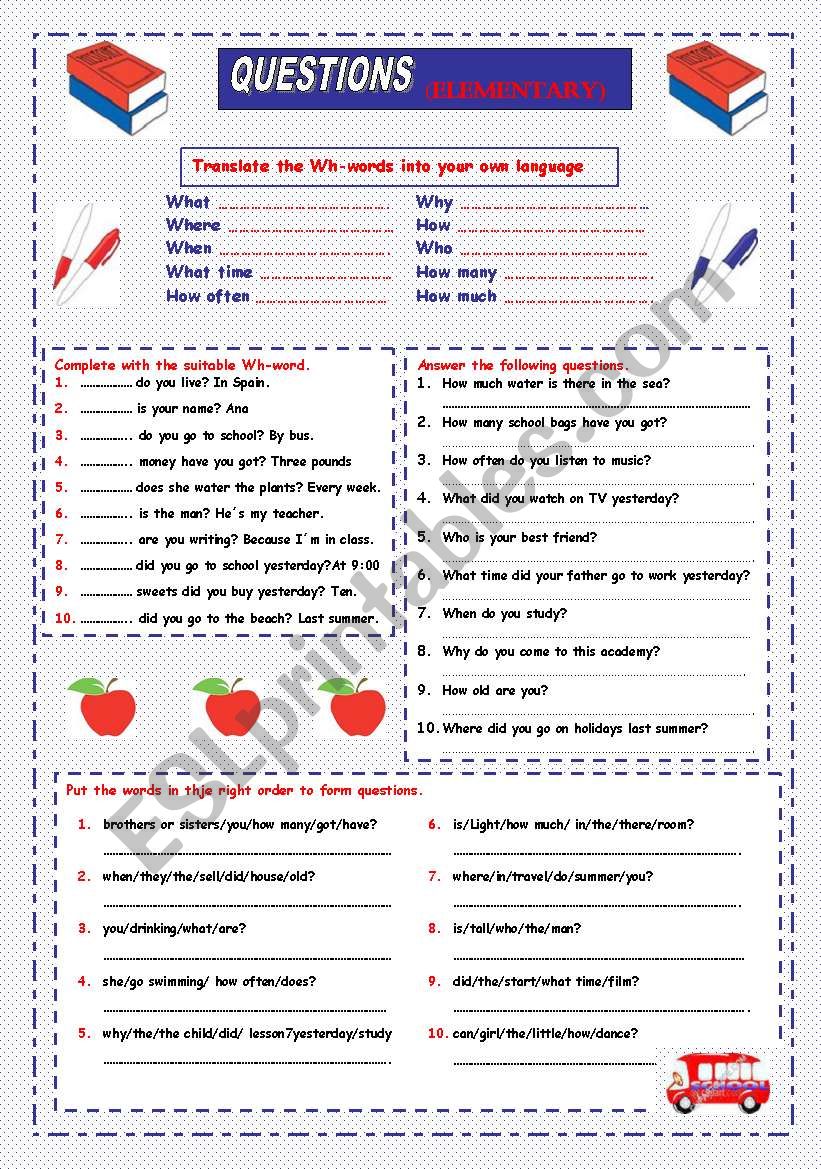 Questions words (Elementary) worksheet