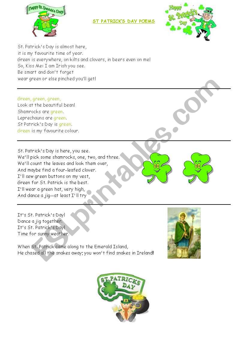St Patricks day poems worksheet