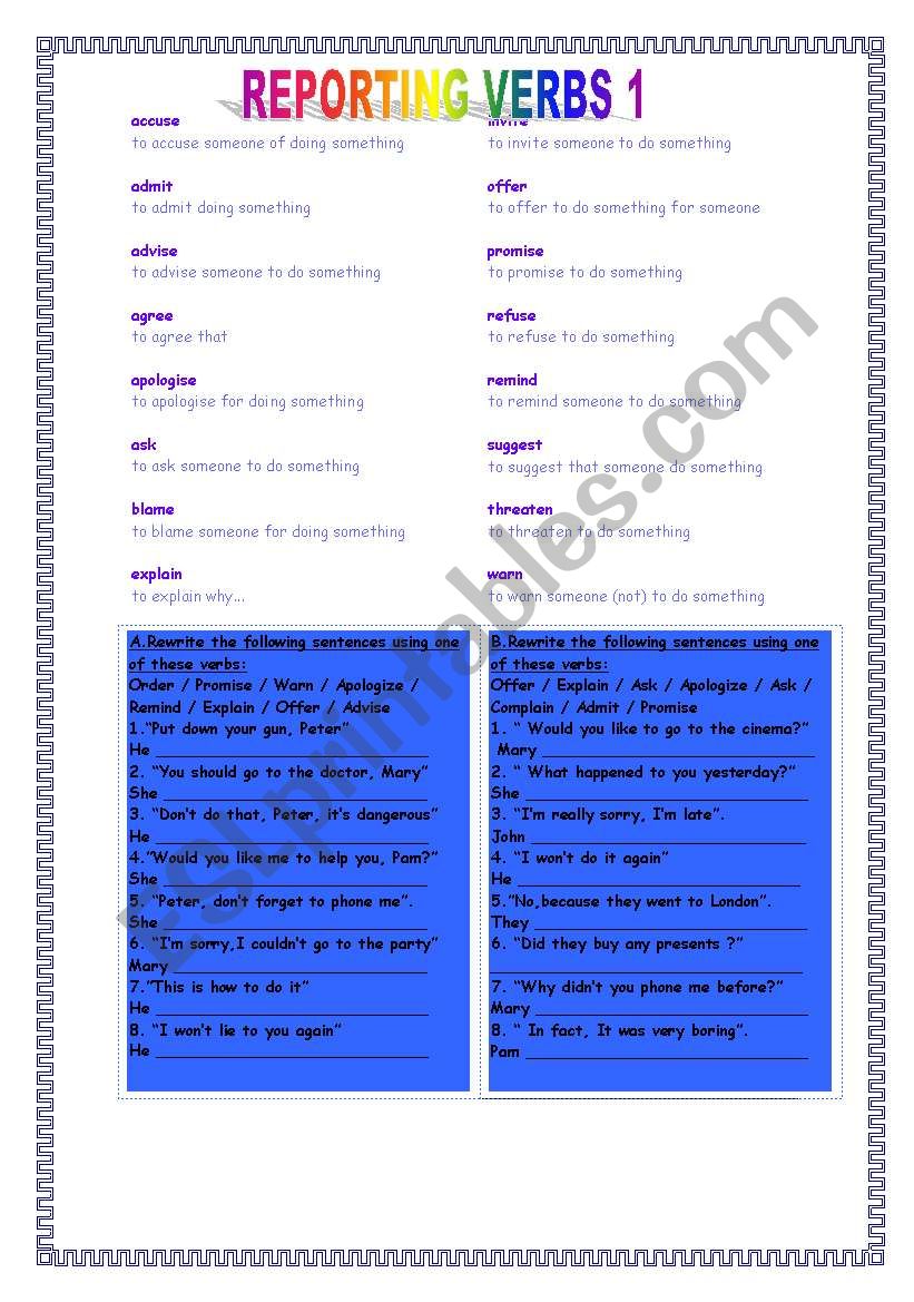 reported speech exercises reporting verbs