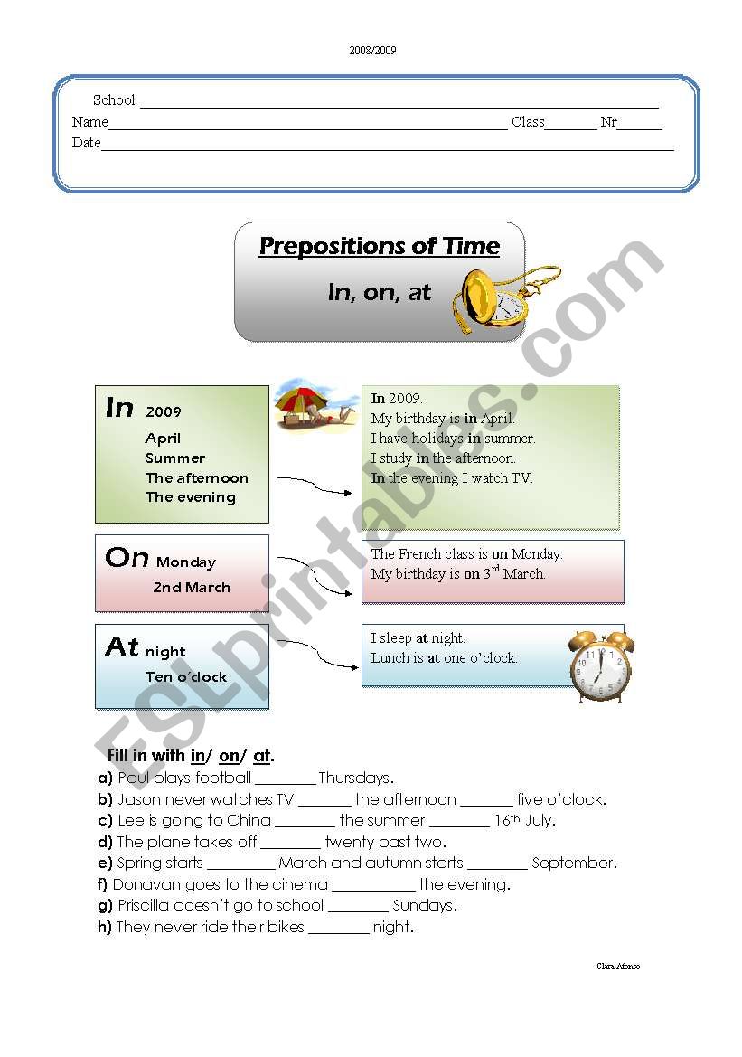 prepositions of time worksheet