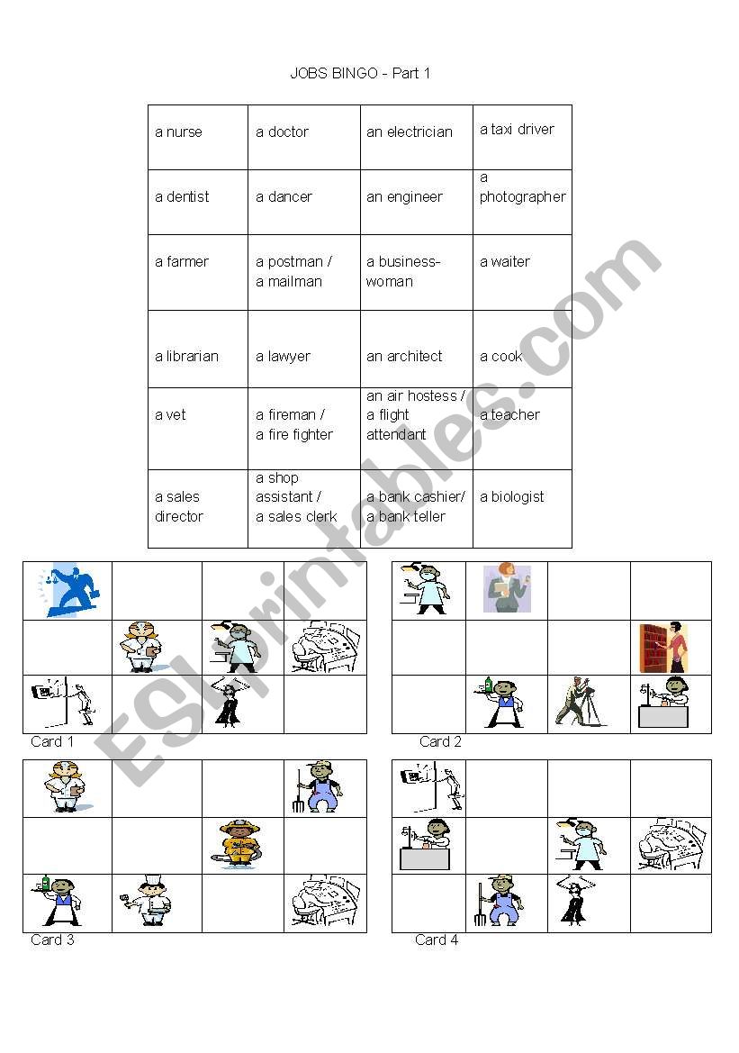 JOBS BINGO Page 1 of 3 worksheet