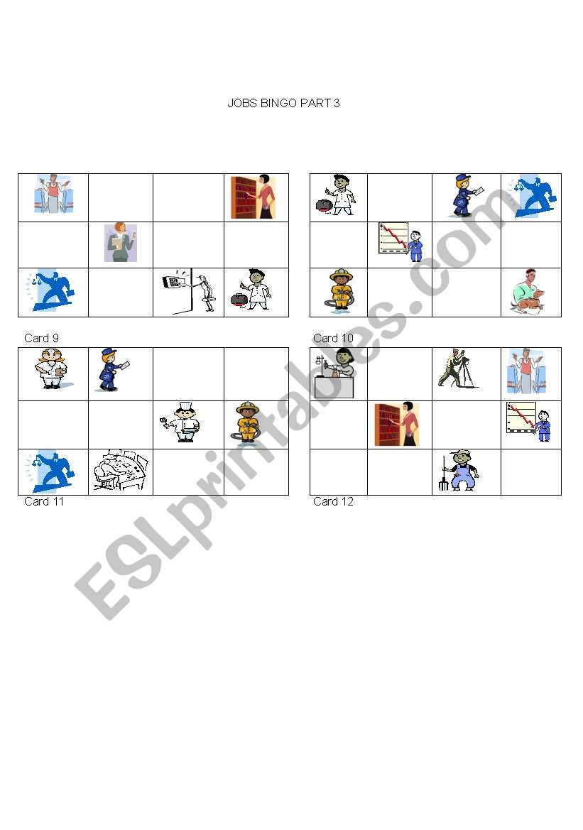 JOBS BINGO Page 3 of 3 worksheet