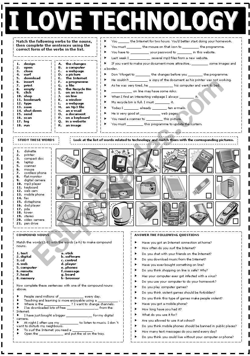 I LOVE TECHNOLOGY (B&W) worksheet