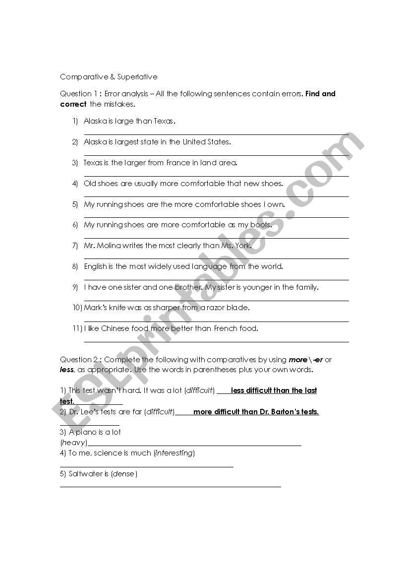 Comparative and Superlative worksheet